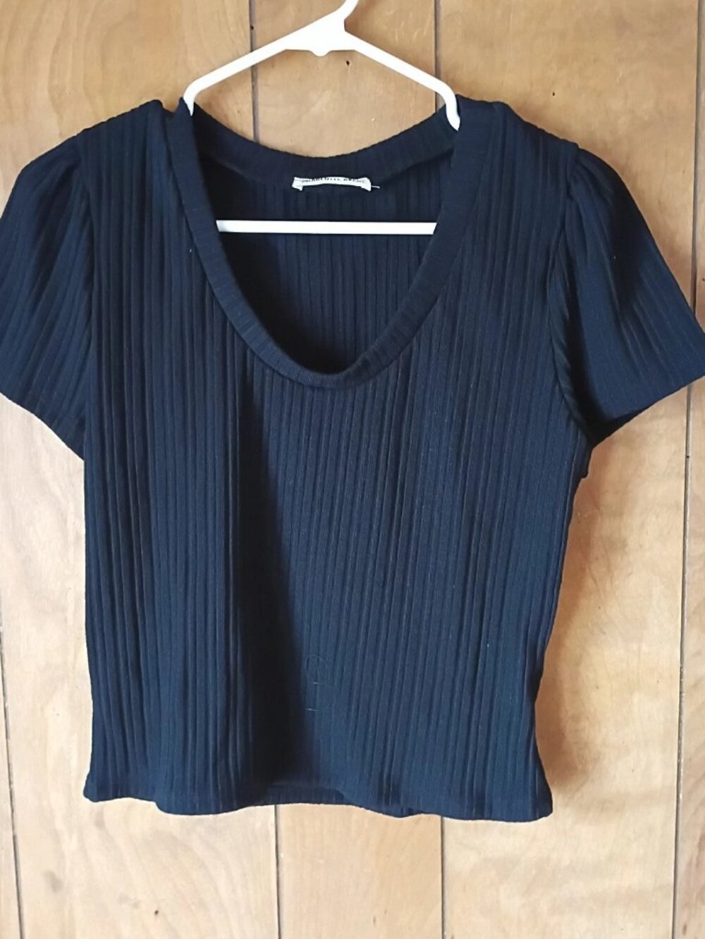Charlotte Avery Ribbed Short Sleeve Top Size L Black Stretch